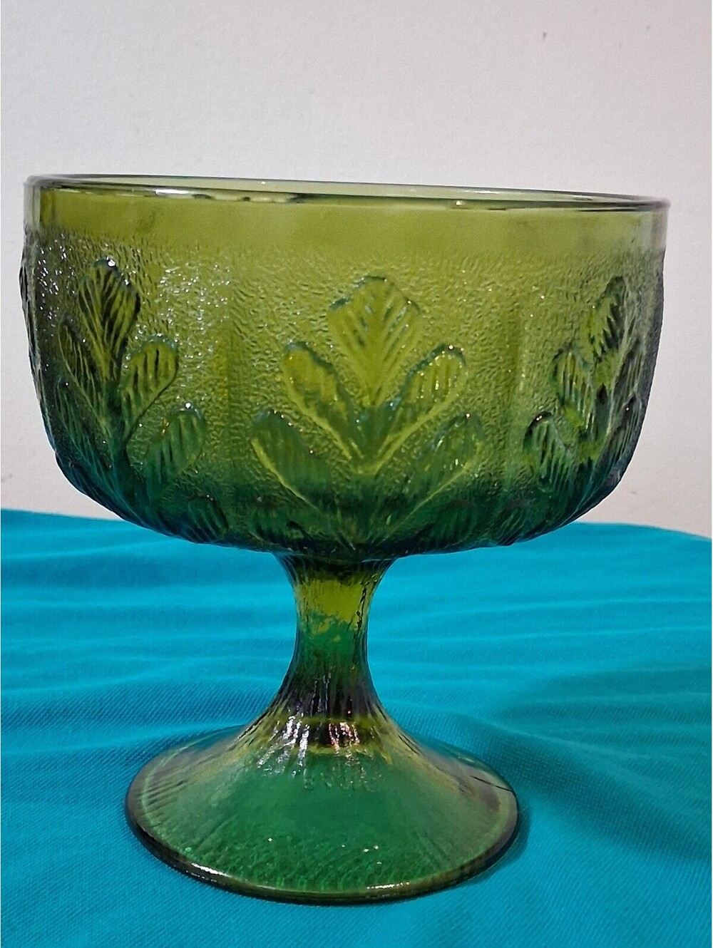 Vintage Green Glass Pedestal Bowl with‎ Leaf Pattern